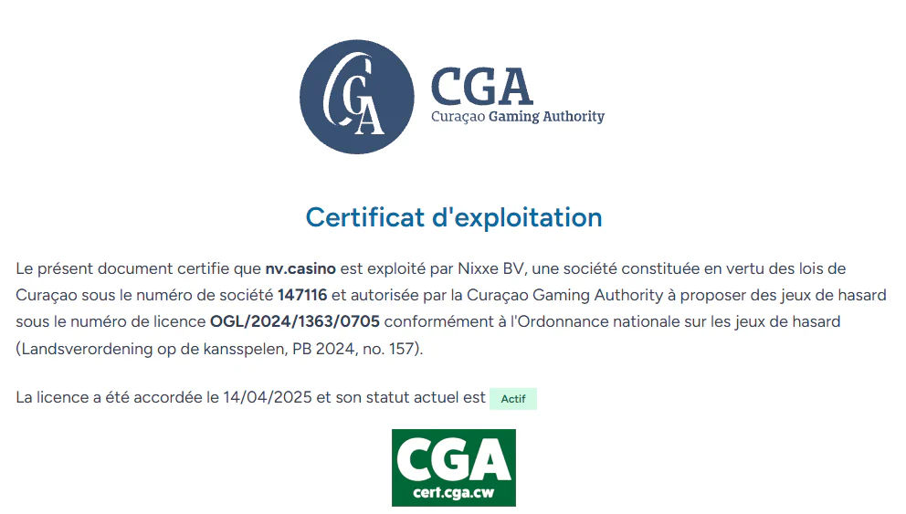 Certificat de licence du casino NV délivré par la Curaçao Gaming Authority avec statut actif