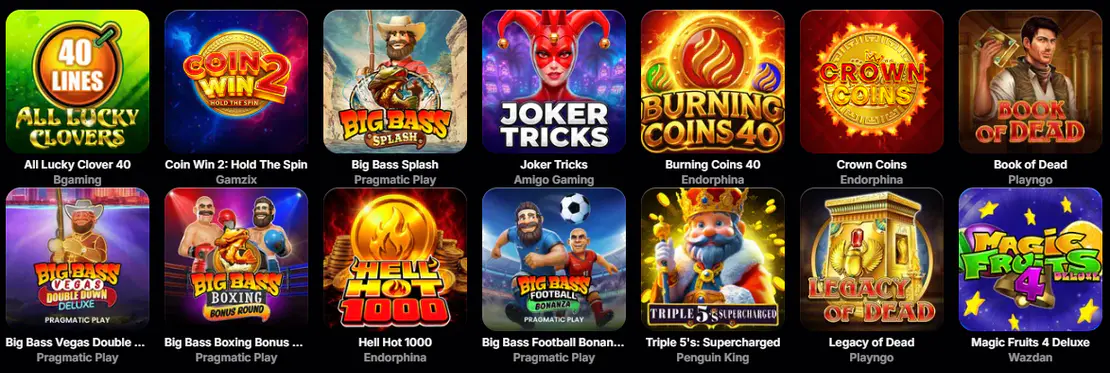 Sélection de machines à sous du casino NV avec All Lucky Clover 40, Coin Win 2, Big Bass Splash, Joker Tricks, Burning Coins 40, Crown Coins, Book of Dead et autres jeux